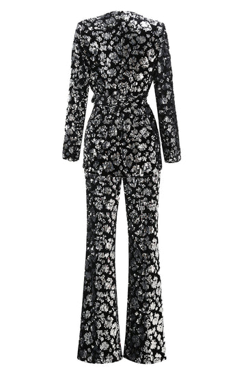 Sparkly Black Slim Fit 2 Piece Women's Prom Suit with Sash